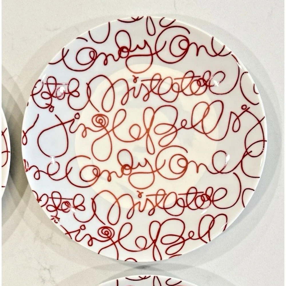 Set of 4 CRATE & BARREL Artwork Script Christmas Holiday Salad Plates 8.5